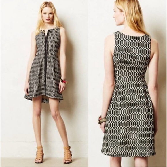Anthropologie Dresses & Skirts - ANTHROPOLOGIE LEIFSDOTTIR Tonnelle Black Cream Geo Zip Fit Flare Dress Sz 8